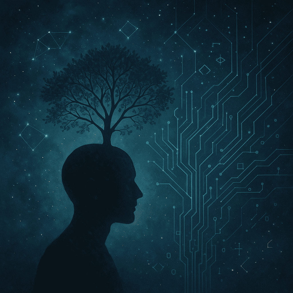 İnsan sezgisi ve yapay zekanın birleşiminden doğan yeni bilinci temsil eden soyut bir görsel.